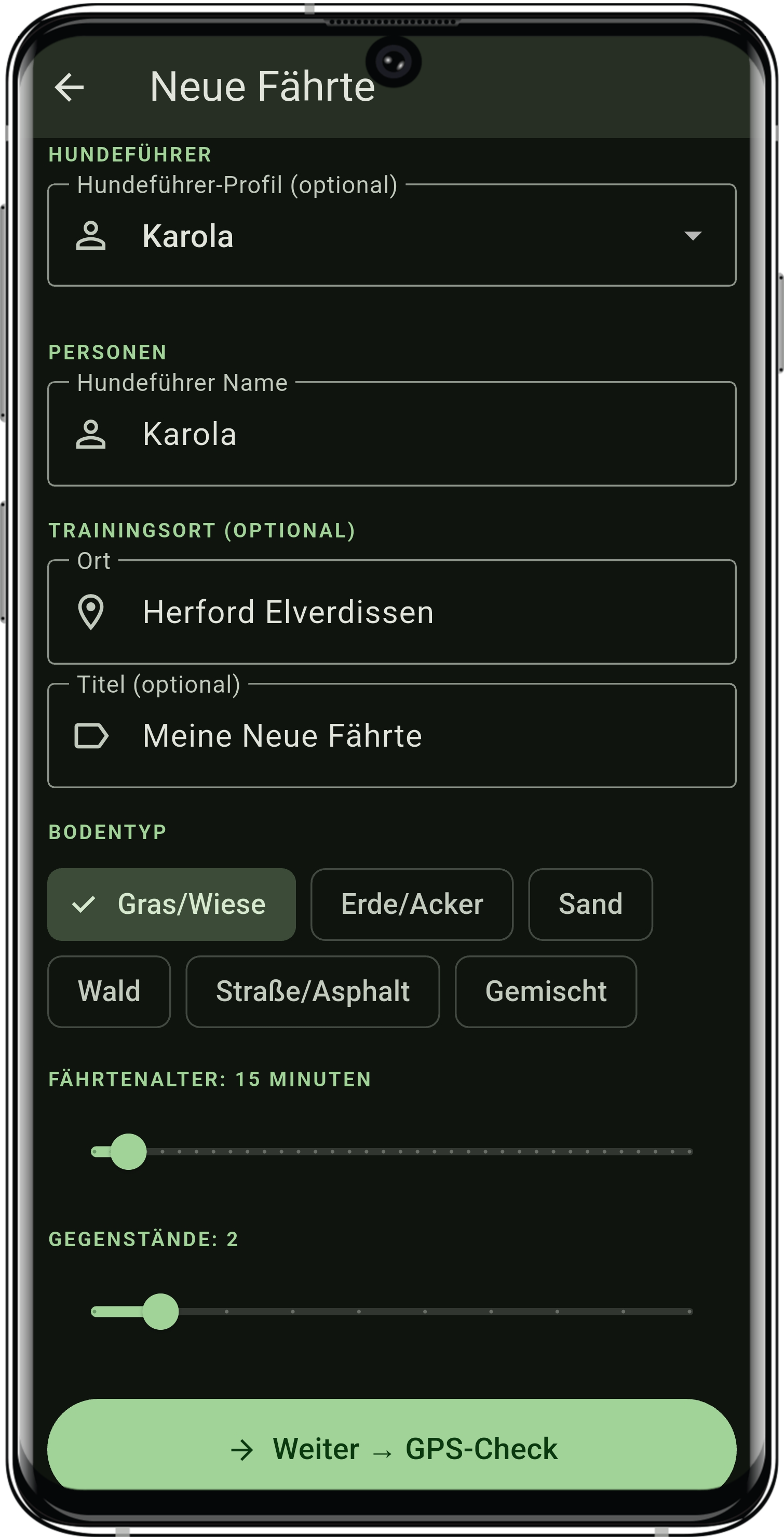 TrackMaster IGP – Kartenansicht der Fährte mit Gegenständen und Winkeln